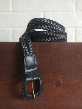Black leather braided belt with leather buckle